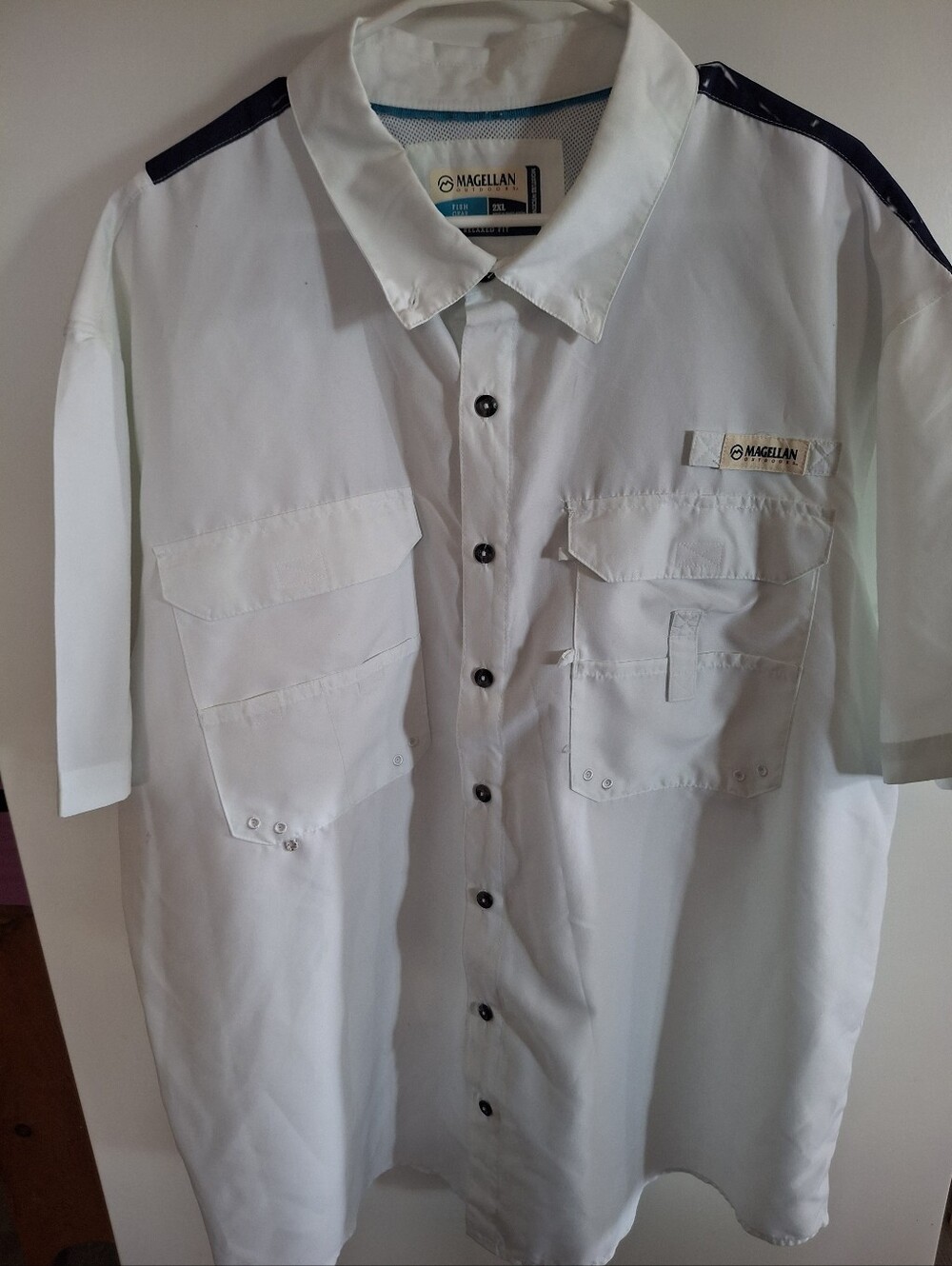 Magellan Outdoors White Short-Sleeve Utility Button-Down Shirt with Black Trim